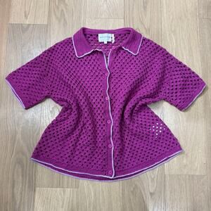 Oversized Pink Crochet Button-Up Cardigan - Les Tricots de Léa GYSTA Size Large